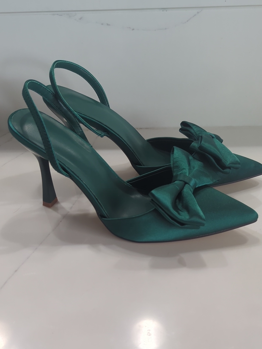 Emerald Satin Bow Slingback Heels - Women